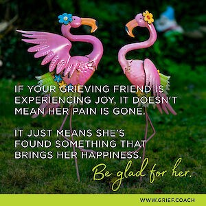 Image of flamingos with text:  If your grieving friend is experiencing joy, it doesn't mean her pain is gone.  It just means she's found something that brings her happiness.  Be glad for her.