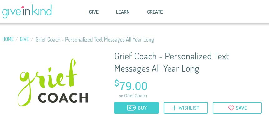 Screen shot of the Give in Kind website with the Grief Coach promotion